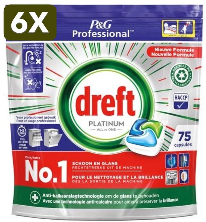 6 x Dreft Platinum Regular All in 1 Vaatwastabletten - 75 Tabs