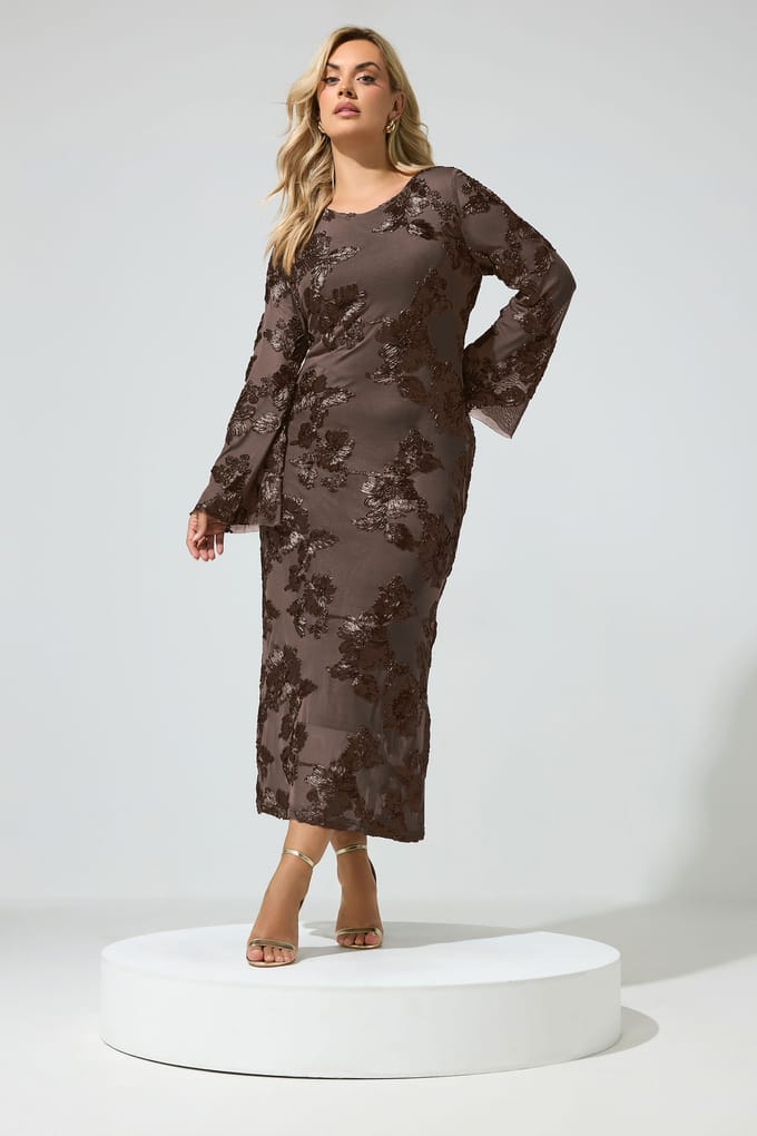 Yours London Chocoladebruine Maxijurk Met Bloemenapplicatie Size 52