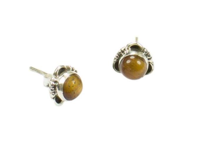 Zilveren knop oorbellen Tijgeroog 925 zilver
