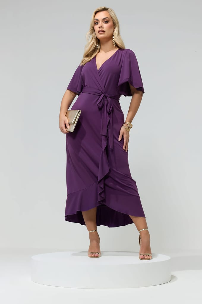 Yours London Paarse Wikkelmaxijurk Met Korte Mouwen En Ruches Size 46