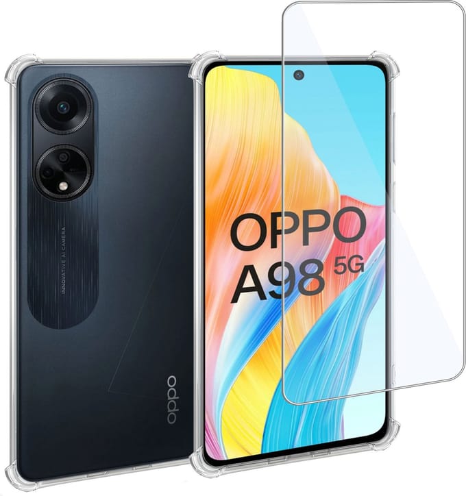 Geschikt voor Oppo A98 Hoesje + Screenprotector – Gehard Glas Cover + Shock Proof Case – Transparant