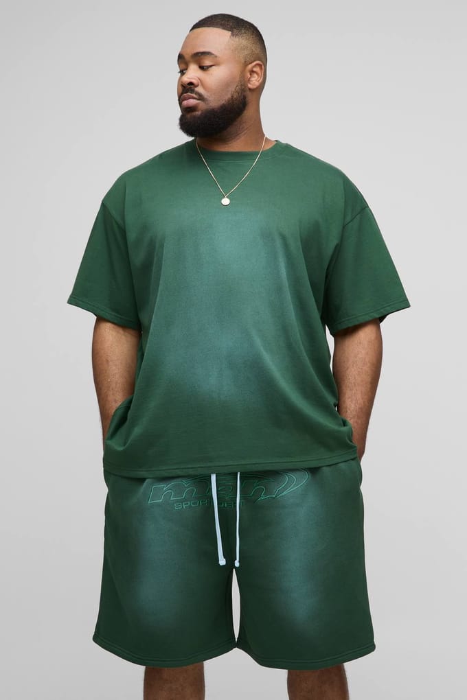 Plus OFCL Applique Spray Wash T-Shirt & Oversized Drop crotch Short Set | Green | Size 4XL