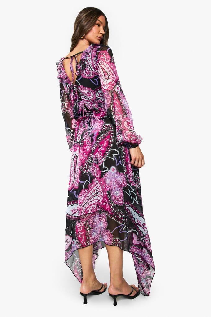 boohoo Dames Paisley Chiffon Hanky Hem Midi Rok | Purple | Maat: 6