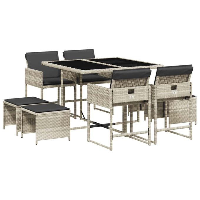 vidaXL 9-delige Tuinset met kussens poly rattan lichtgrijs