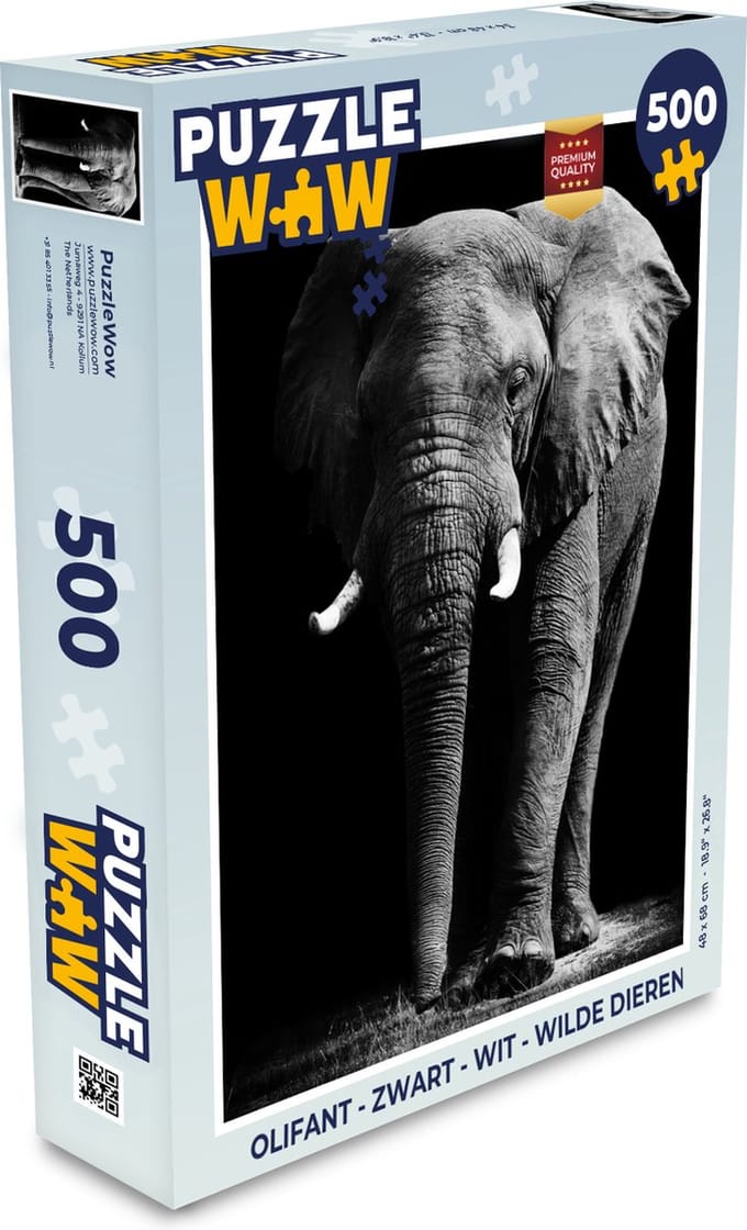 Puzzel Olifant - Zwart - Wit - Wilde dieren - Legpuzzel - Puzzel 500 stukjes