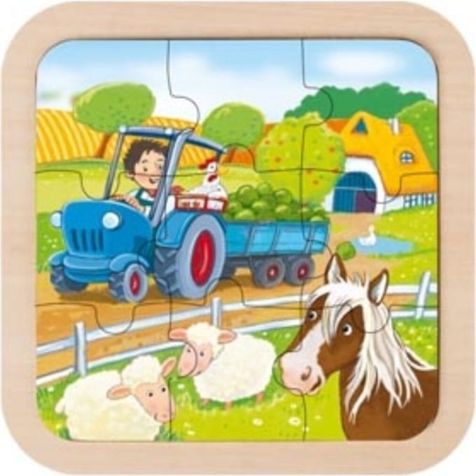 Goki Houten Puzzel - set van 3 - brandweer, tractor, paard - 9 stukjes
