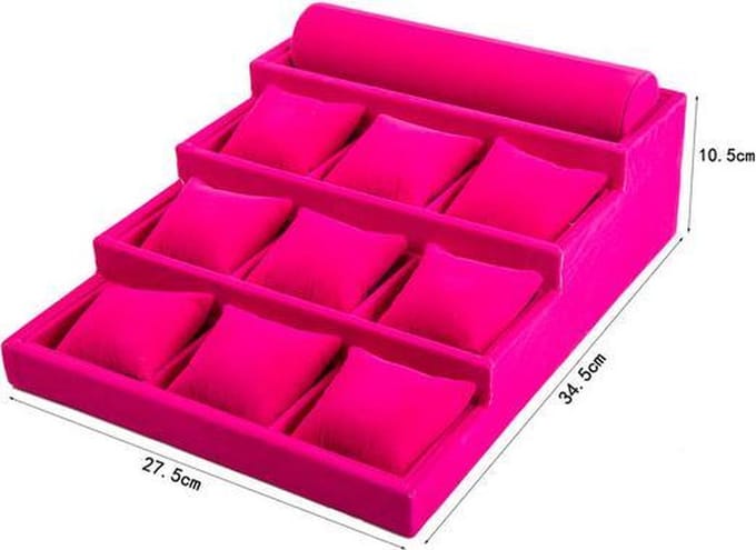 Armbanden / horloge display roze fluweel 9 vakken + rol ©Pippashop