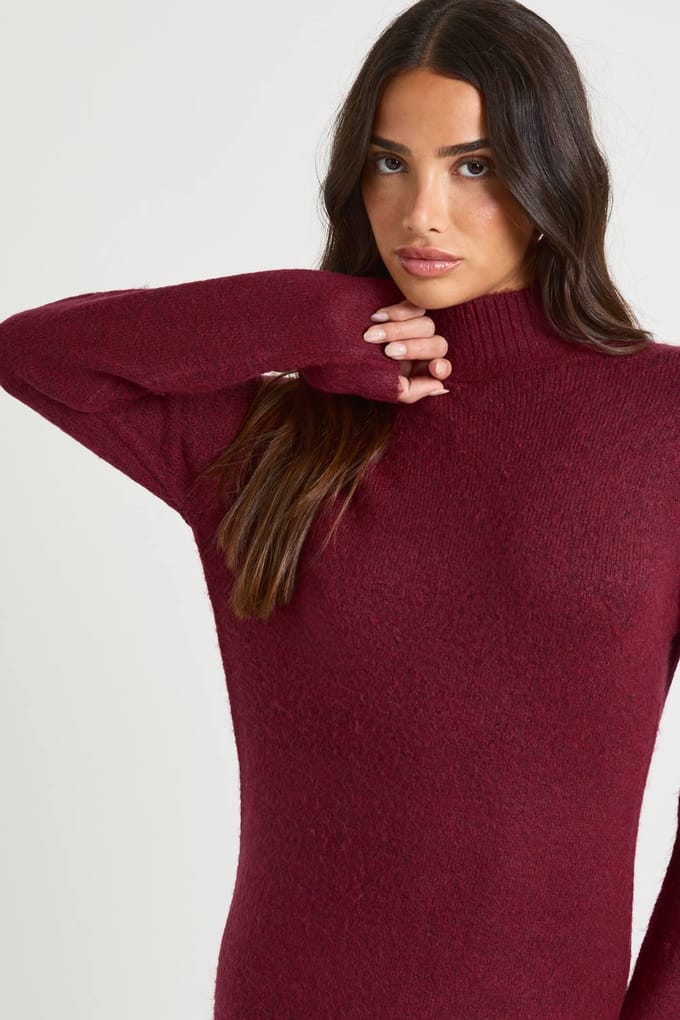 boohoo Dames Petite Superzachte Hoge Hals Gebreide Maxi-jurk | Bordeaux Rood | Maat: Medium