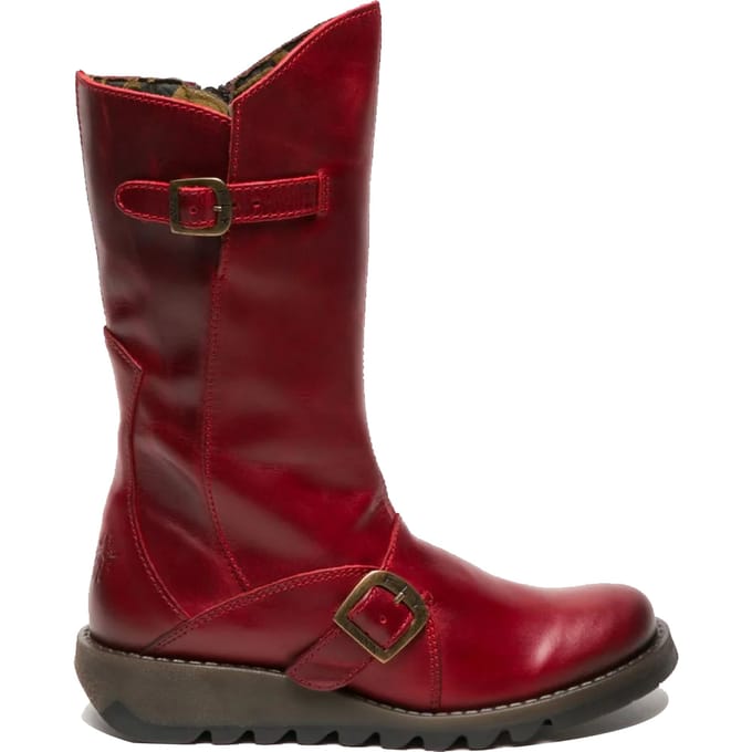 Fly London Dames Rode MES 2 Wedge Heel Buckle Mid-Calf Leren Zip Platform Laarzen