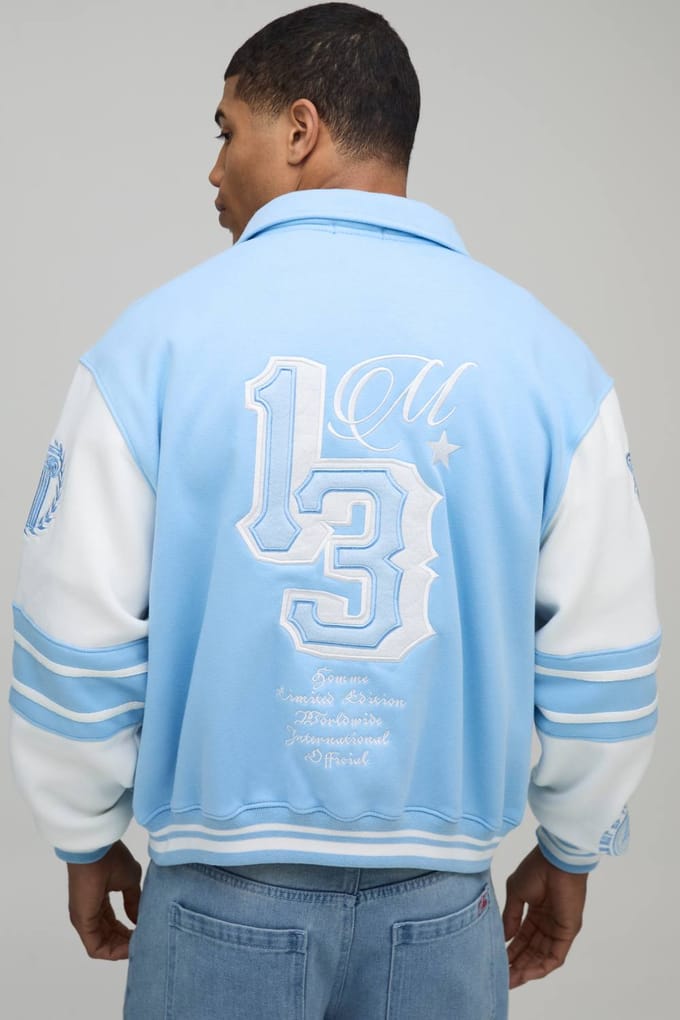Boxy 13 Applique Jersey Varsity Bomber Jacket | Light Blue | Size XS