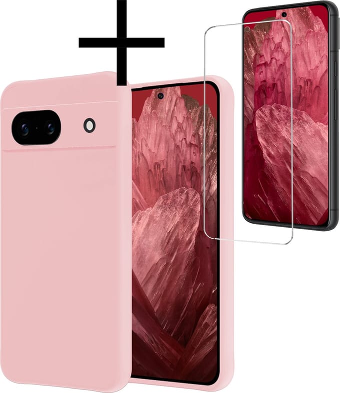 Hoesje - Met Screenprotector - Geschikt voor Google Pixel 8a - Sterk & Shockproof - Back Cover - Siliconen Case - Telefoon Hoes - Lichtroze