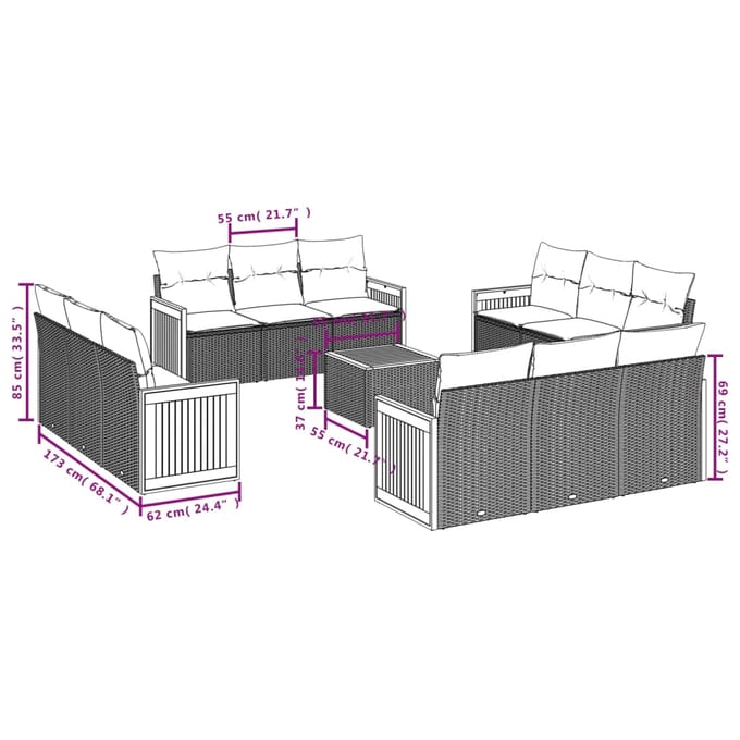 vidaXL - 13-delige - Loungeset - met - kussens - poly - rattan - beige