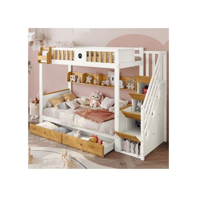 Stapelbed - 90x200 cm - Wit + Naturel - 2 lades - Geïntegreerde opbergtrap wit