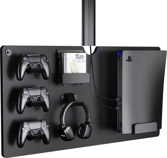 Wandplank voor opbergen van spelcomputer console controllers en headset