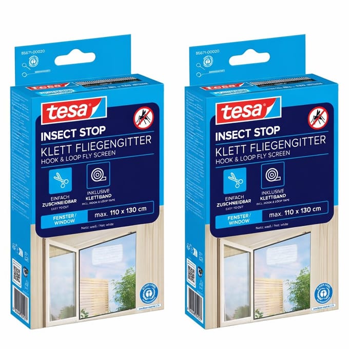 tesa INSECT STOP H&L Fly Screen for Window - hor met klittenband, op maat snijden, zonder boren - 2 net - 110 x 130 cm - wit (lichte privacy)