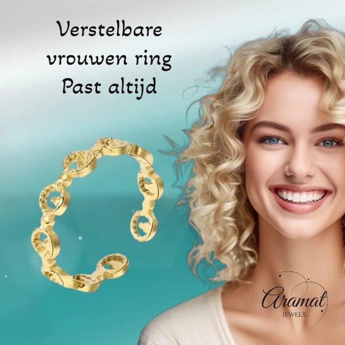 Rvs sieraden - Stalen damesring - Verstelbaar -Goudkleur- Cirkelmotief