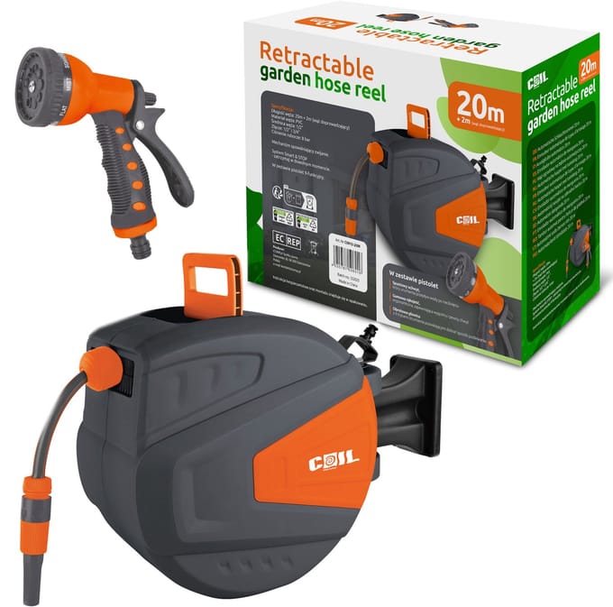 COIL Tuinslang - Retractable Tuinslanghaspel 20m + 2m – Automatisch Oprolsysteem met Smart Stop – Inclusief 9functioneel Sproeipistool – Wandmontage