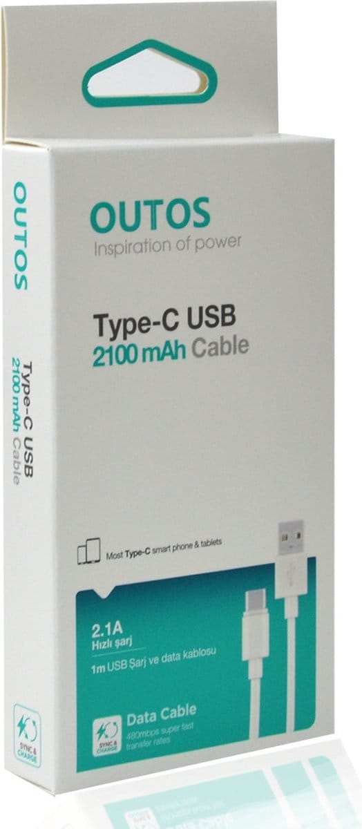Outtos 2.1A USB Type C Kabel 1M - Wit