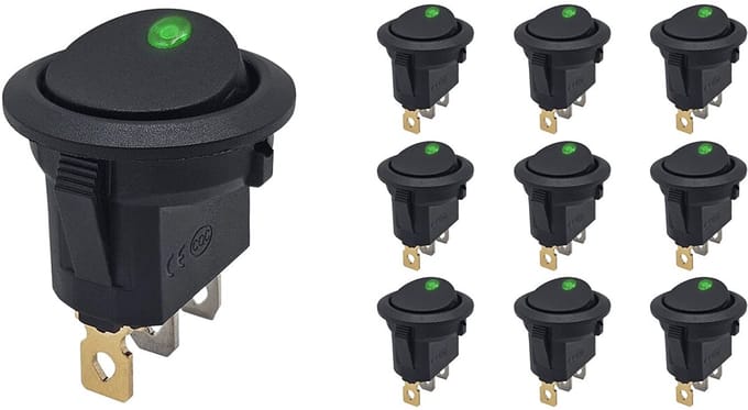 ProRide Wipschakelaar ON-OFF KCD2-12 - 3 pins - Rond - 12V/20A - LED indicator Groen - 10 stuks
