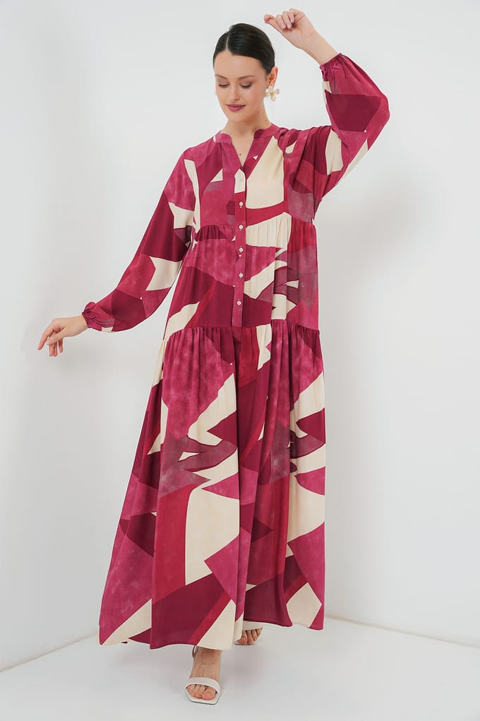 Geprinte V-hals Maxi-jurk met knoopsluiting