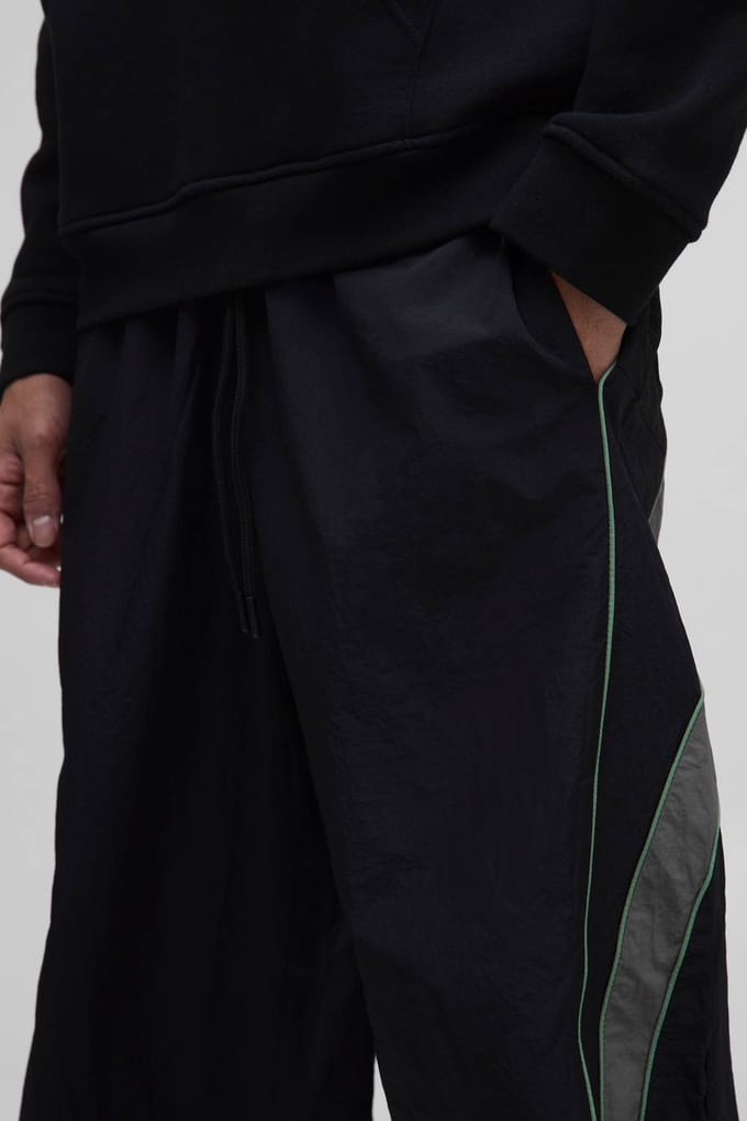 Elasticated Waist Piping Detail Parachute Track Pants | Black | Size Small