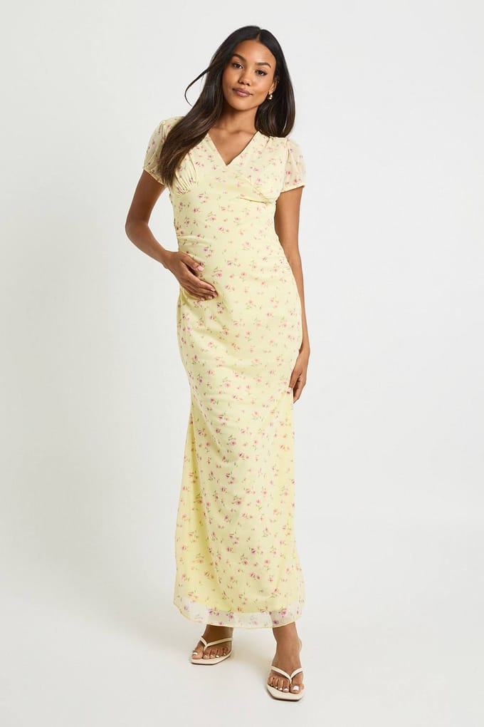 boohoo Dames Zwangerschaps mesh ditsy midaxi jurk | Citroen | Maat: 46