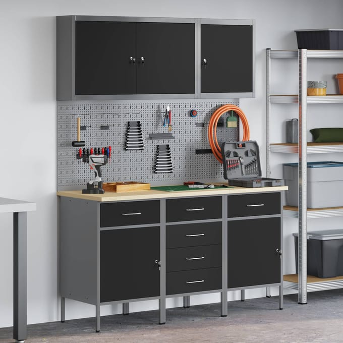 vidaXL - Werk - Cabinet - 8 - st - Zwart - en - Grijs - Engineered - hout - en - staal