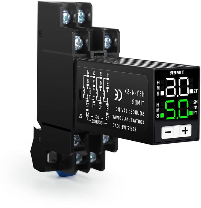 Digitale Tijdvertraging Relay 24V, Multi-Functionele Timer met 2NO 2NC, Instelbare Vertraging van 0.1S tot 99Uur, Cyclus Tijdregeling en Socket