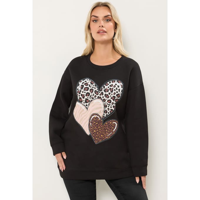 Yours Zwart Sweatshirt Met Luipaardprint En Hartjes Size 46