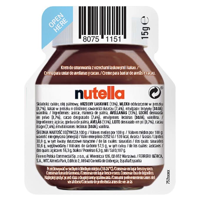 Pâte à tartiner Nutella aux noisettes et au cacao 15 g