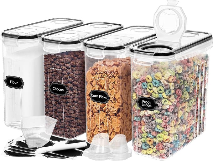 Set van 4 Transparante Voedselopslagcontainers van 4L voor Graan, Meel en Suiker
