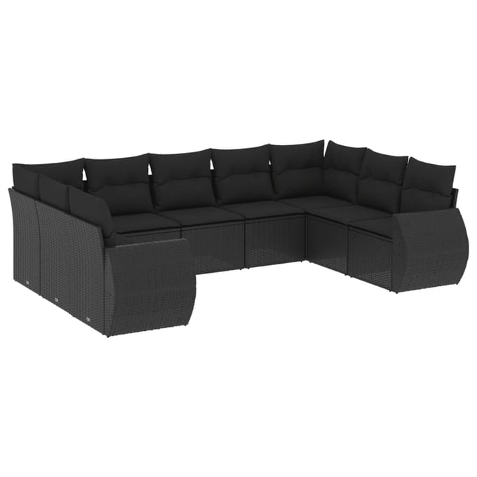 vidaXL - 9-delige - Loungeset - met - kussens - poly - rattan - zwart