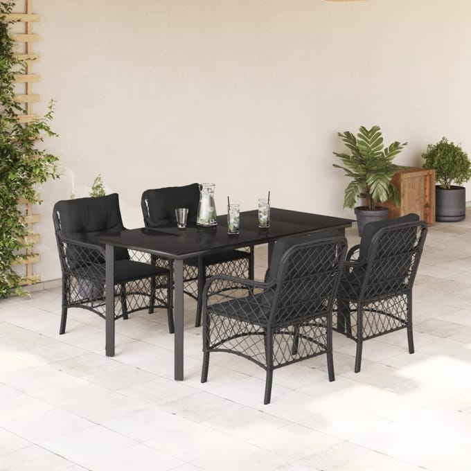 vidaXL - 5-delige - Tuinset - met - kussens - poly - rattan - zwart