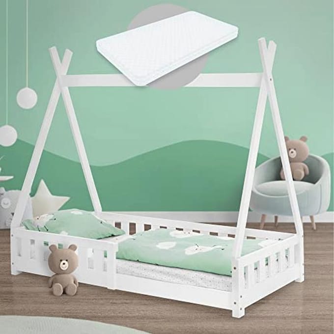 Kinderbed tipi - Huisbed speelbed - Kinderslaap creëren - Inclusief matras valbeveiliging - 80x160 cm - Wit