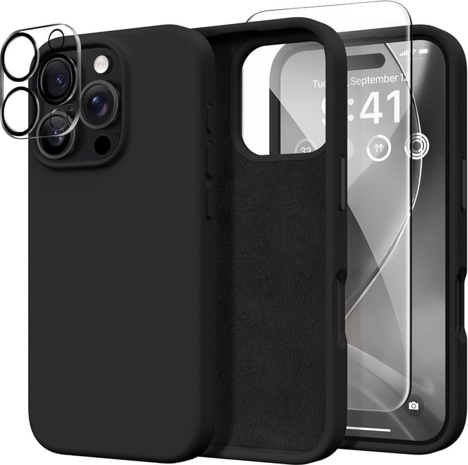 Solid hoesje Soft Touch Liquid Silicone Flexible TPU Rubber + Screenprotector - Camera Lens - Geschikt voor: iPhone 16 Pro Max - Zwart