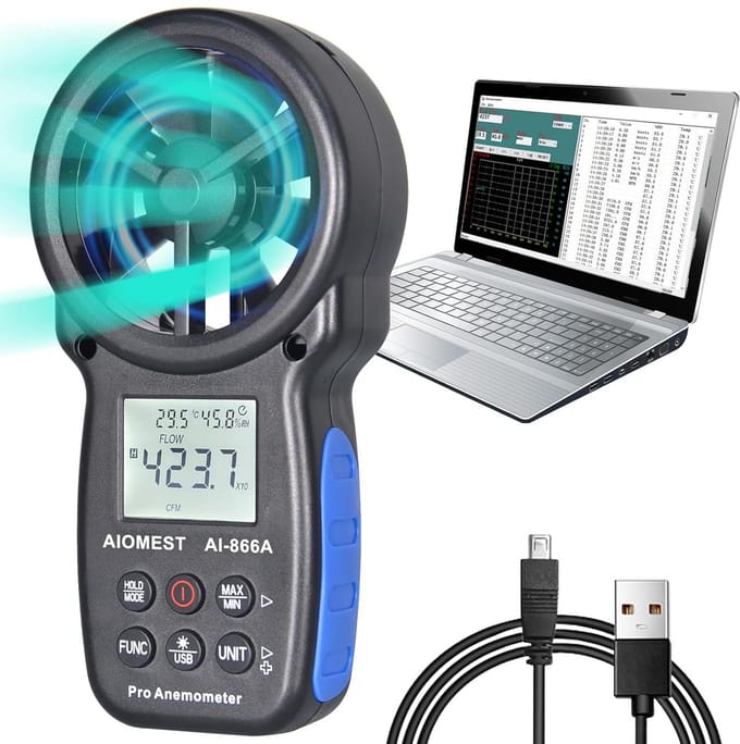 Digitale Windmeter met Temperatuurmeting en USB - Handheld Anemometer voor Luchtsnelheid en CFM