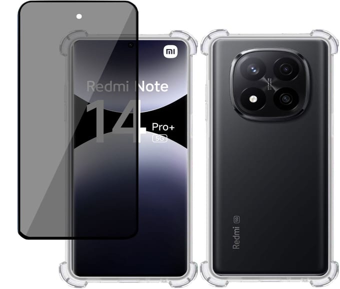 TechNow Hoesje + Privé Screenprotector geschikt voor Xiaomi Redmi Note 14 Pro / Pro+ – Privacy Tempered Glass - Case Transparant
