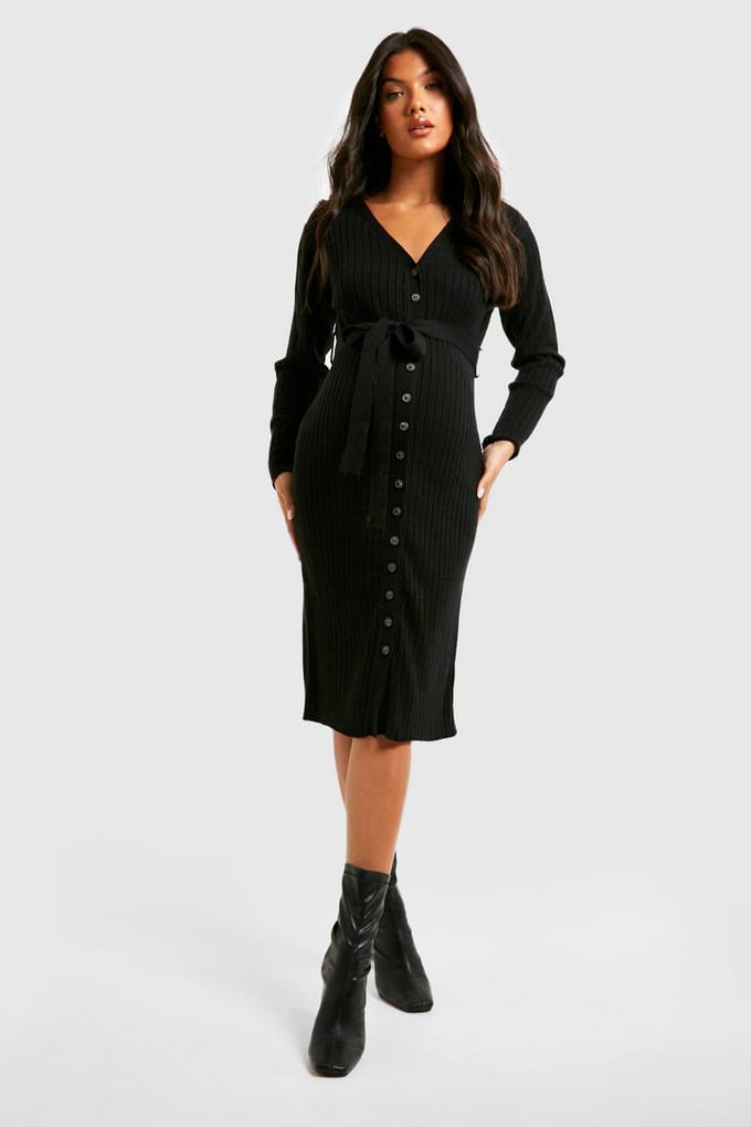 boohoo Dames Zwangerschaps button-down gebreide midi jurk | Zwart | Maat: 44