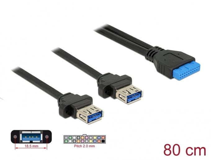 Delock Cable USB 3.0 pin header female 2.00 mm 19 pin > 2 x USB 3.0 Type-A female panel-mount 80 cm