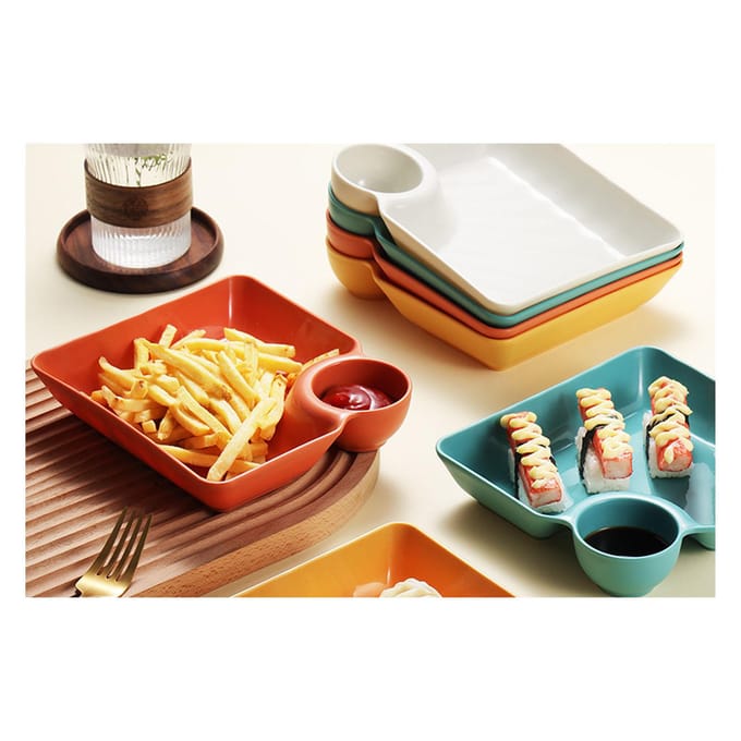 Dumplingbord met dipschaaltje 7,2 inch Verdeeld Chip en Dip Serveerplateau Set voor Dumpling oranje