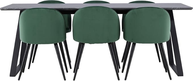 Malaga eethoek eetkamertafel 90x200cm donkergrijs en 6 Skagen stoel velours groen.