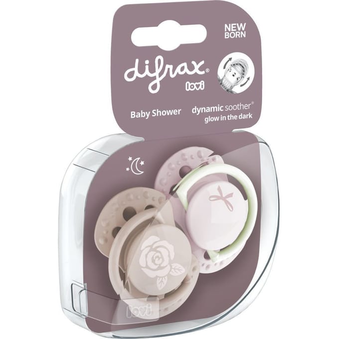 Difrax LOVI Fopspeen Dynamisch - Classy - Newborn - Lichtroze & Glow in the Dark - 2 Stuks