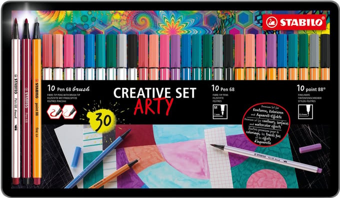 STABILO ARTY Creative Set - Set Pen 68 Brush & Pen 68 & Point 88 - Metalen Arty Etui Met 30 Stuks
