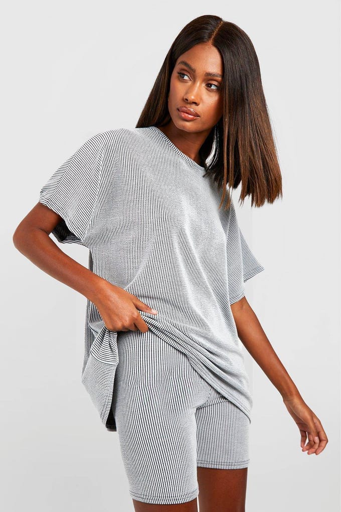 boohoo Dames 2 Tone Rib Oversized T-shirt & Cycling Short Set | Grijs | Maat: 36