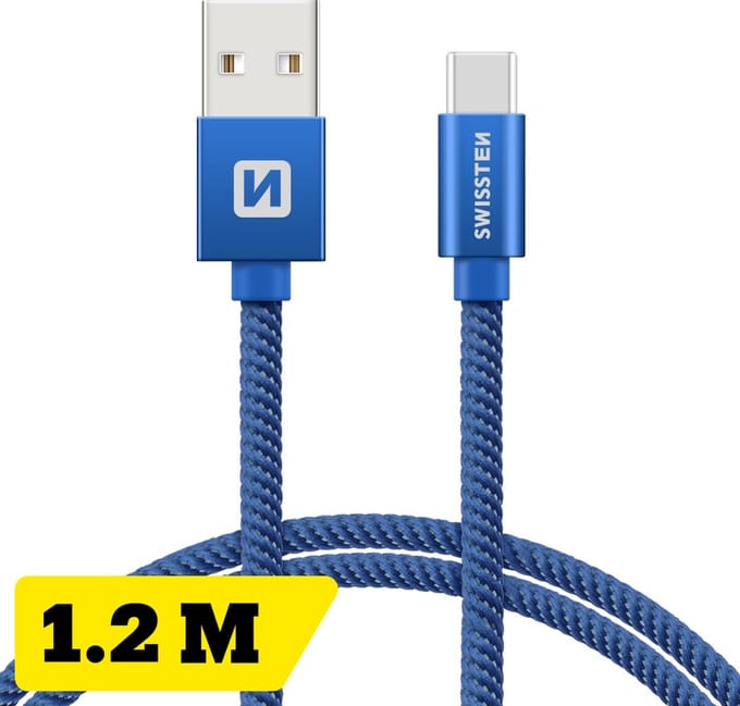 Swissten USB-C naar USB-A Oplaadkabel - 1.2M - Gevlochten Nylon - Snellaadkabel & Datakabel - Blauw