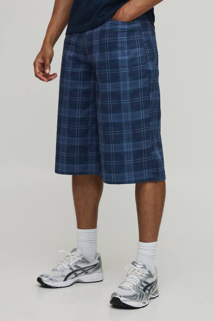 Baggy Longline Geruit Twill Short | Navy | Size 28