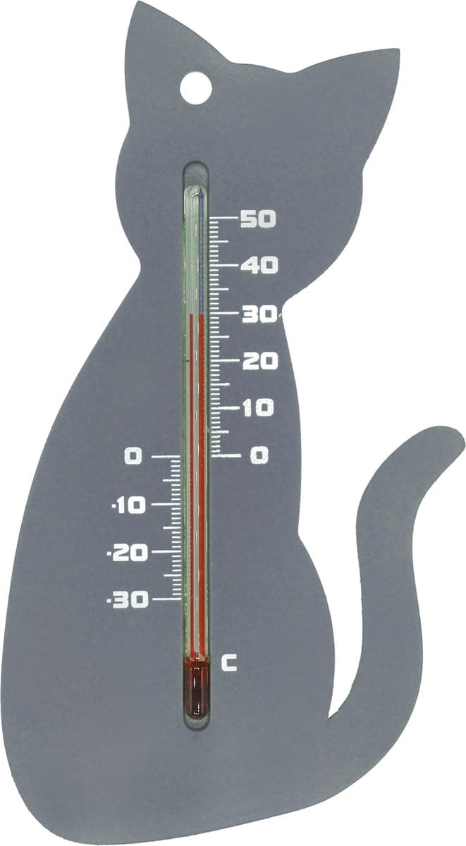 Nature Buitenthermometer - kat / poes - grijs - 15 cm - tuin thermometer