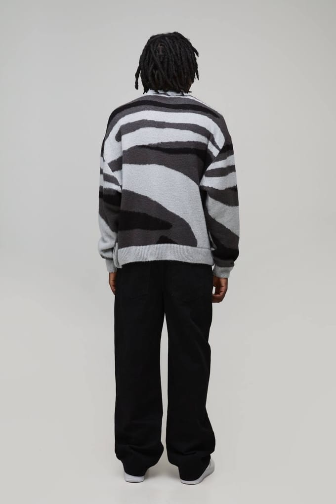 Oversized Boxy Geborsteld Dierlijk Gebreide Trui | Grey | Size Medium
