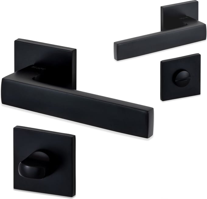 Eliot Slim Line - deurklink- en WC-rozet set - dun vierkant rozet - mat zwart