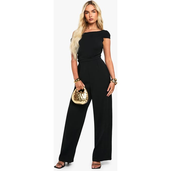 boohoo Dames Asymmetrische Drape Tailored jumpsuit met wijde pijpen | Black | Maat: 12